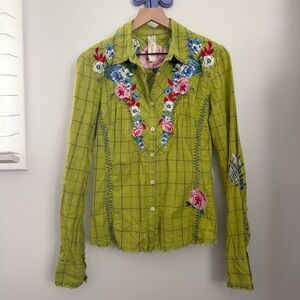 Johnny Was Small Rodeo Rose Embroid Western Shirt Green Plaid Studded Country